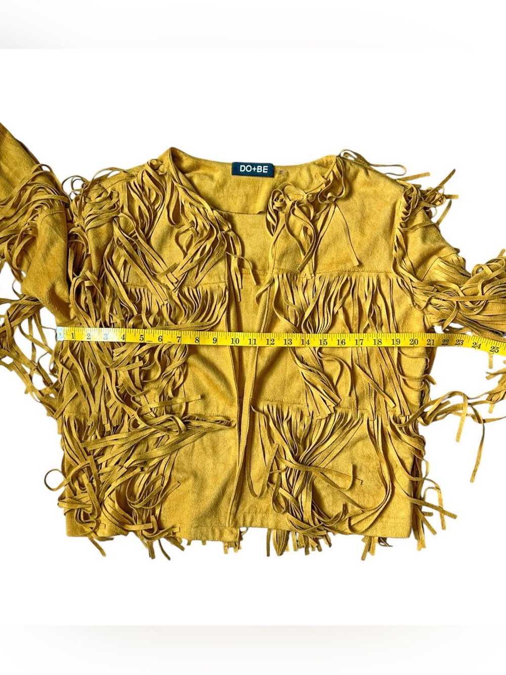 DO + BE Faux Leather Suede Yellow Multi-Tiered Fringe Open Jacket L - Picture 11 of 13